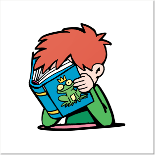 boy with his head in a book reads a fairy tale about a frog prince Posters and Art
